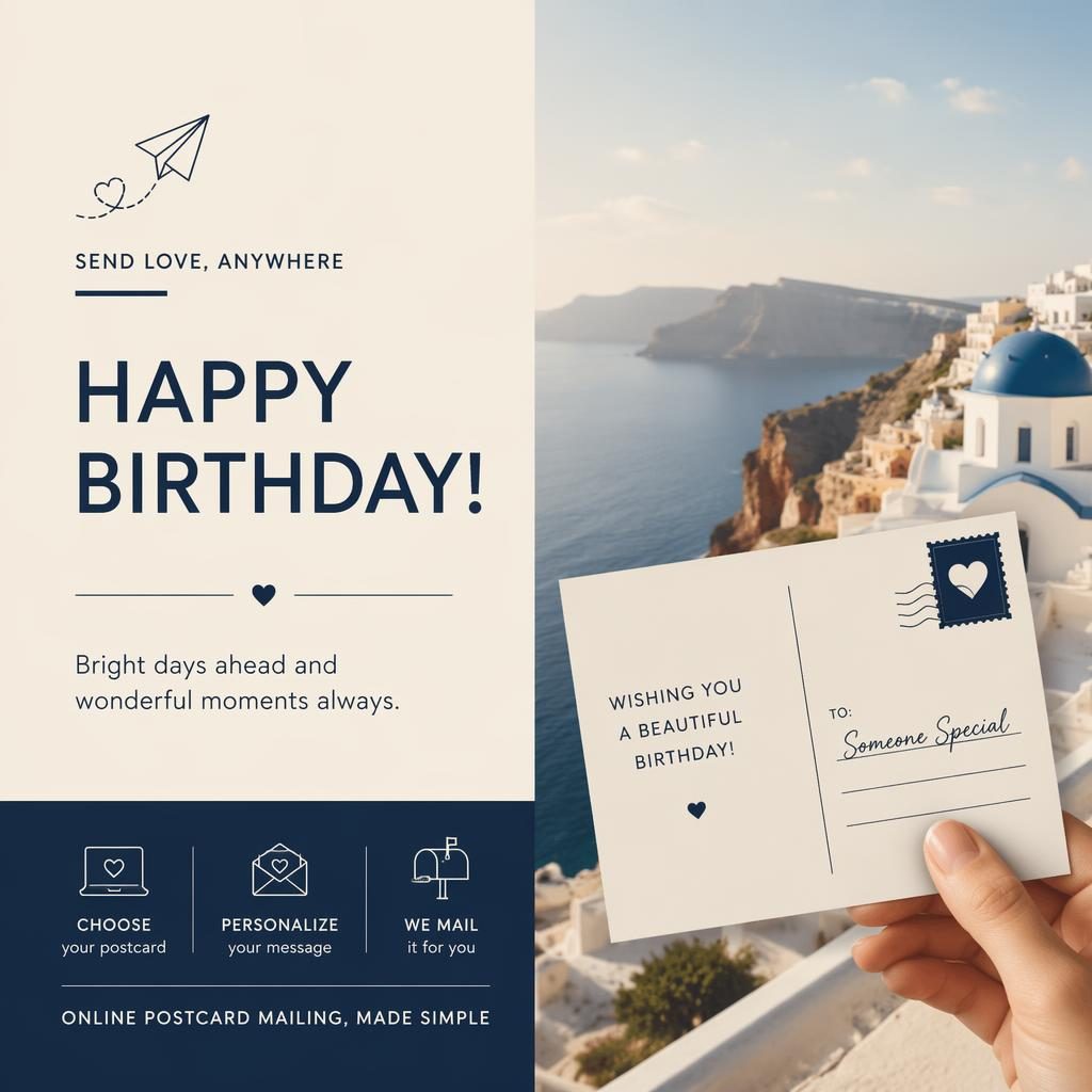 Minimalist Swiss-style birthday postcard in cream and navy with elegant placeholder typography and clean 6x4 layout
