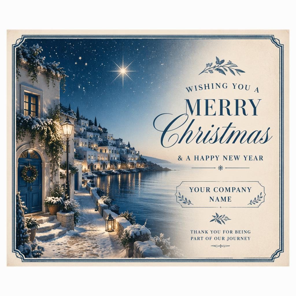 Vintage-style Christmas postcard in a mediterranean blue palette with calm holiday illustration and clean placeholder typography
