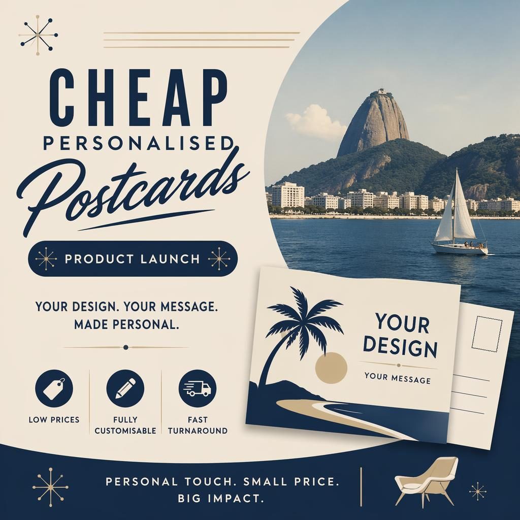 Mid-century modern 6x4 postcard design in cream and navy with elegant placeholder typography and minimal product launch layout.