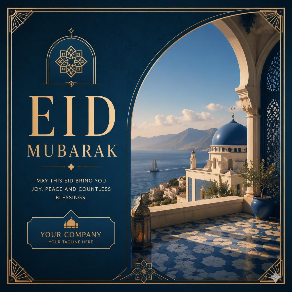 Art Deco luxury travel souvenir postcard with crescent moon, lanterns, Mediterranean blue palette, and sharp placeholder typography