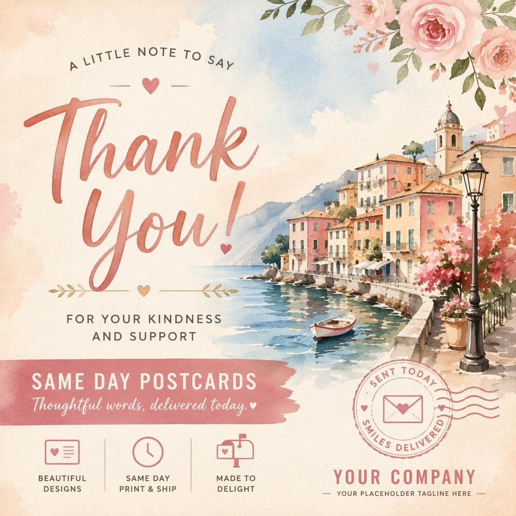Watercolor thank you postcard design in pastel romantic tones with clean placeholder typography and a warm, hand-drawn look.