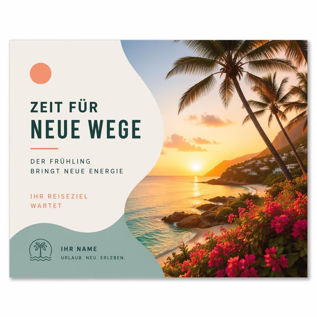 Minimalistische saisonale Postkarte im Swiss-Stil mit tropischer Farbpalette, romantischer Stimmung und klarer Platzhalter-Typografie