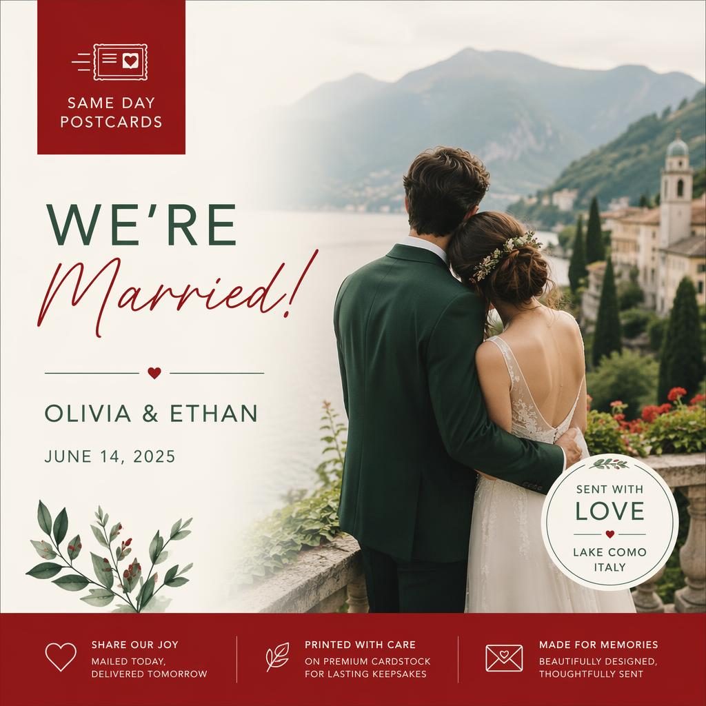 Minimalist Swiss-style wedding announcement postcard in red and green with dreamy romantic illustration and clean placeholder text