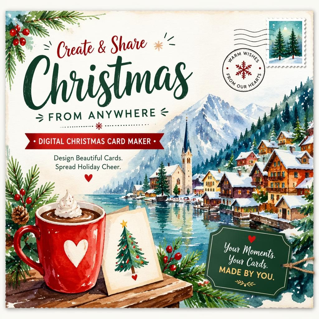 Watercolor travel souvenir postcard with festive holiday scene, playful modern colors, and sharp placeholder typography.