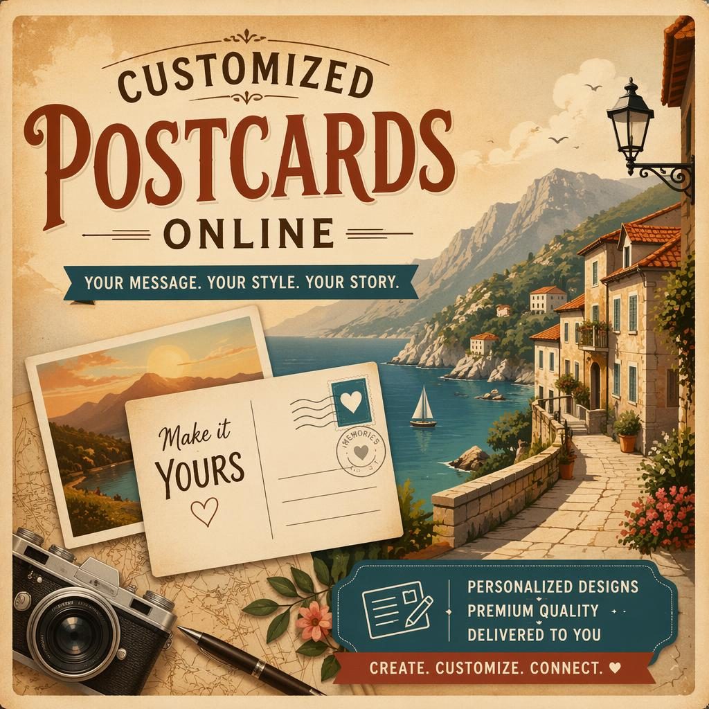 Illustrated 6x4 inspirational postcard with warm sepia tones, colorful vintage details, and sharp placeholder typography.