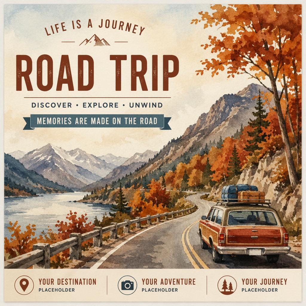 Watercolor 6x4 travel souvenir postcard with an autumn road, scenic landscape, and sharp placeholder typography.