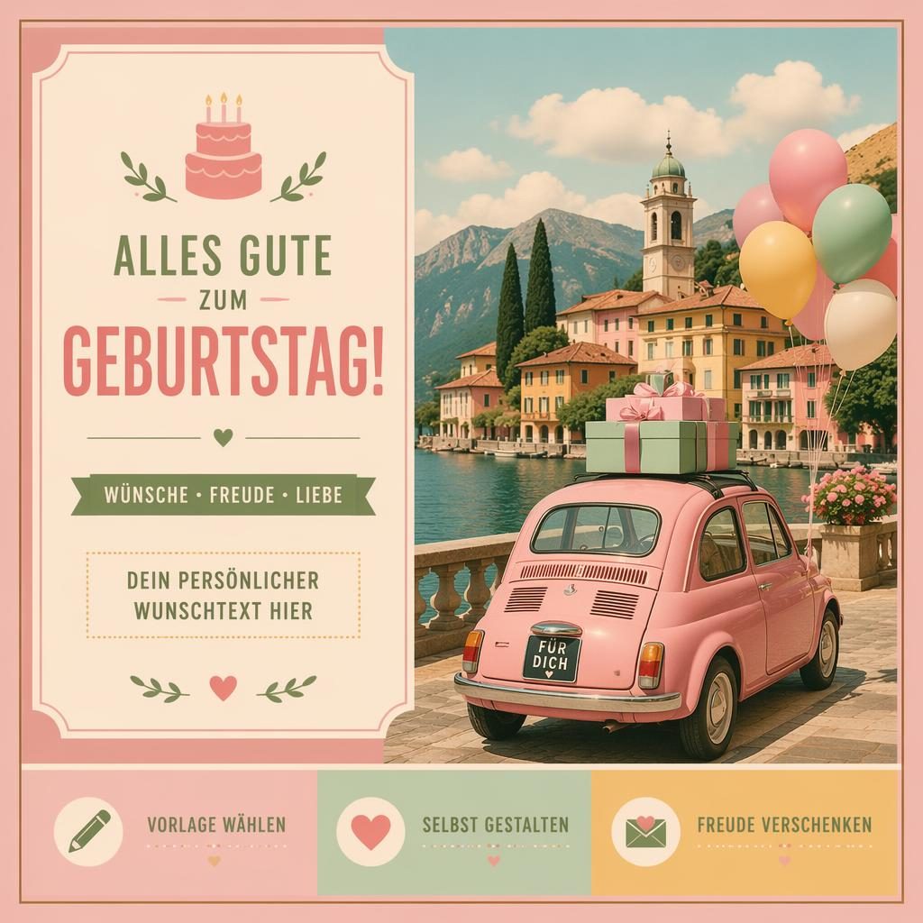 Pastellige Geburtstags-Postkarte im Wes-Anderson-Stil mit festlicher Illustration, klarer Platzhalter-Typografie und 6x4-Layout
