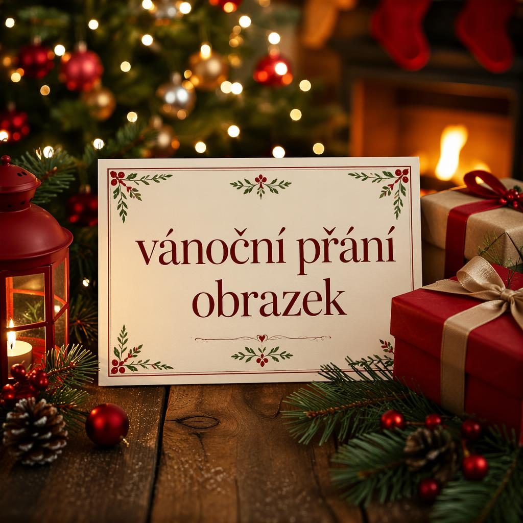 Vánoční pohlednice s textem vánoční přání obrazek, světýlky, větvemi, dárky a červenozelenou výzdobou