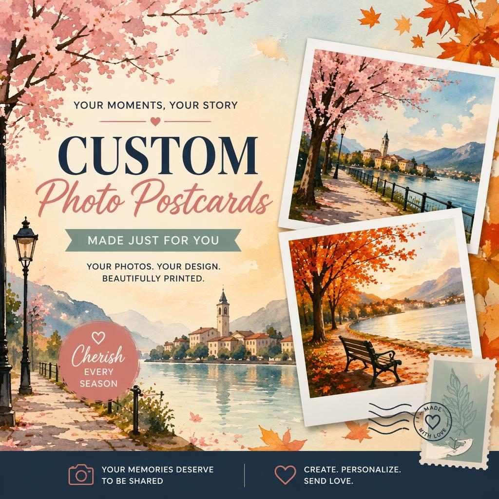 Watercolor 6x4 seasonal postcard design with dreamy floral scenery, modern high-contrast palette, and sharp placeholder typography