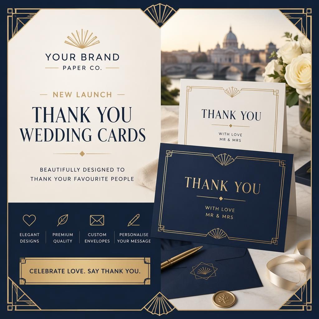 Art deco luxury postcard for thank you wedding cards in cream and navy, with elegant placeholder typography and festive layout.