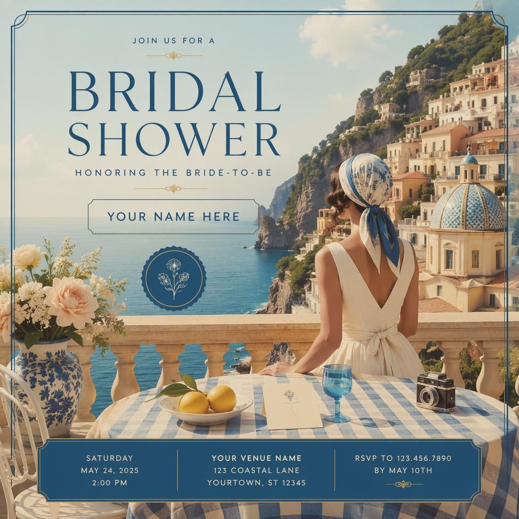 6x4 bridal shower postcard illustration with dreamy Mediterranean blue palette, floral seasonal details, and sharp placeholder typography