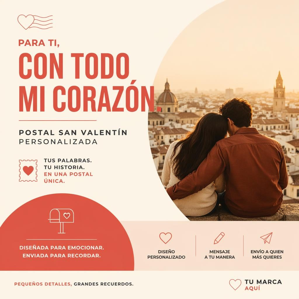 Diseño de postal 6x4 de San Valentín con estilo suizo minimalista, paleta cálida deslavada y tipografía de marcador.