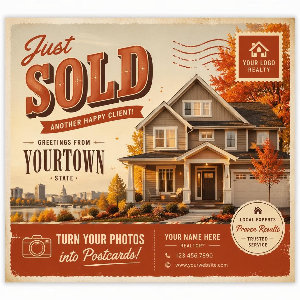 Vintage 6x4 real estate just sold postcard design with autumn rust tones, house photo area, and sharp placeholder text