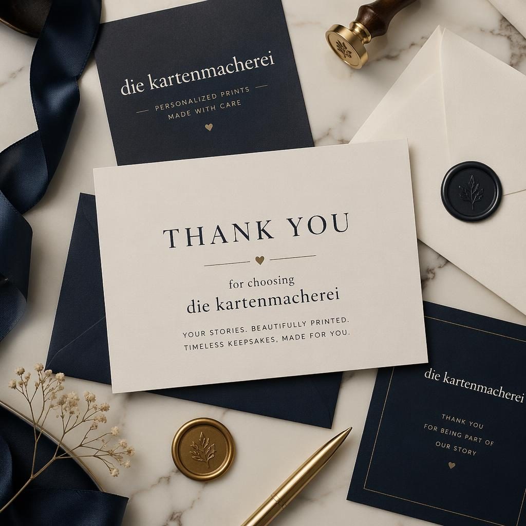 Flatlay einer eleganten Dankeskarte mit Papierkarten, Umschlägen, Wachssiegeln und Schleife in Creme und Navy.