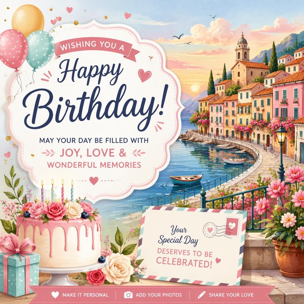 Colorful illustrated birthday postcard with pastel festive decor and sharp placeholder typography in a print-ready 6x4 layout.