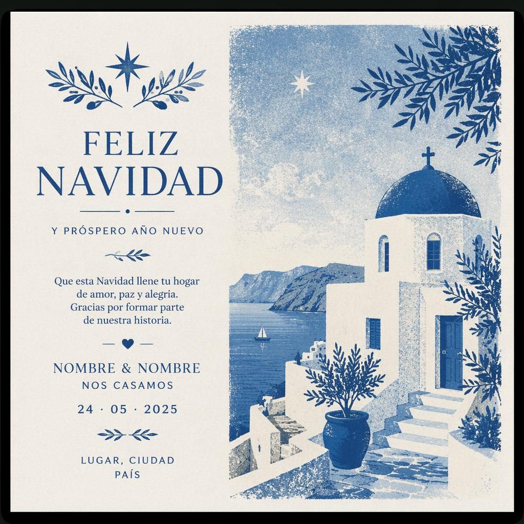 Postal de boda estilo risograph en azul mediterráneo, con ilustración pulida y tipografía de marcador de posición legible