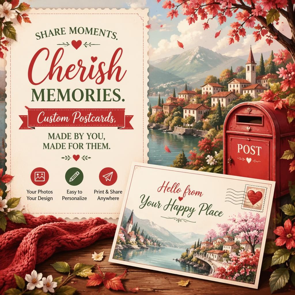 Colorful illustrated 6x4 postcard with dreamy romantic spring-to-autumn theme, red and green palette, and sharp placeholder text.