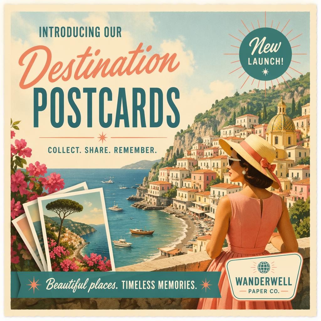 Retro 1960s style postcard design with pastel travel illustration, festive mood, and sharp placeholder typography for a product launch.