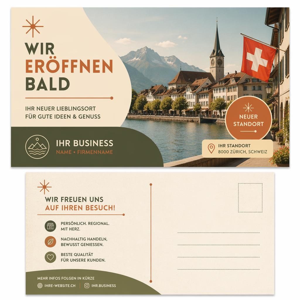 Illustrative A5-Postkarte im Mid-Century-Stil mit warmer Farbpalette, klarer Typo und einladendem Business-Opening-Layout