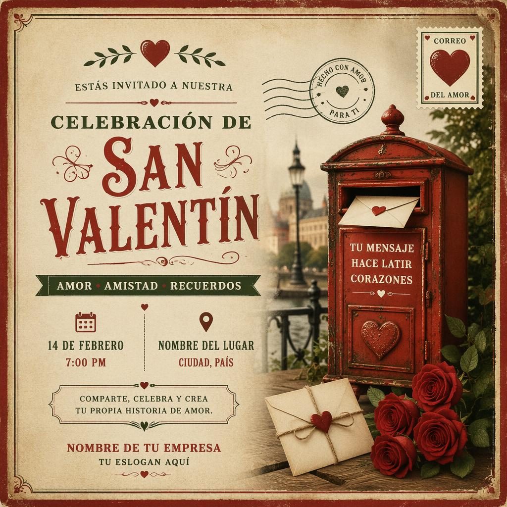 Diseño de postal de invitación de San Valentín estilo vintage, paleta roja y verde, tipografía de marcador y composición 6x4.