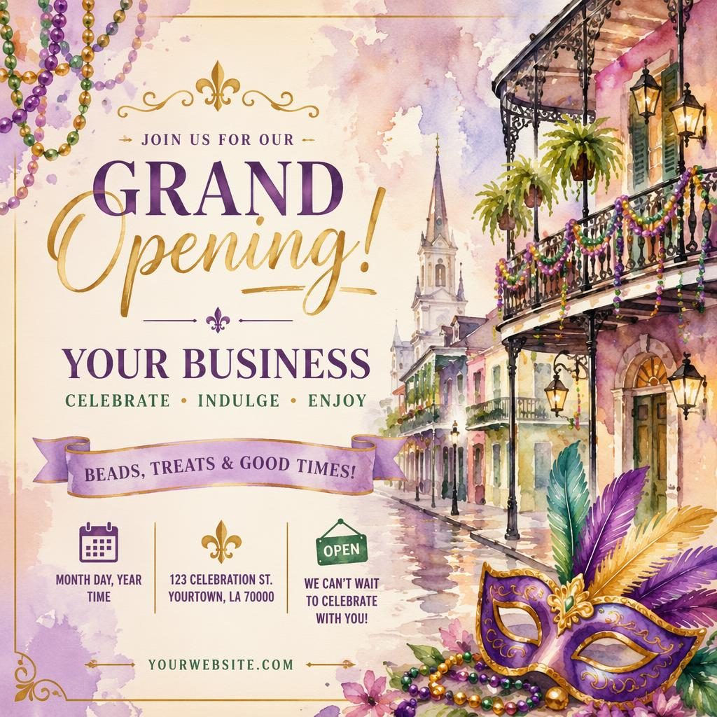Watercolor 6x4 postcard design for a business opening with pastel Mardi Gras decor, hand-drawn details, and clean placeholder text.