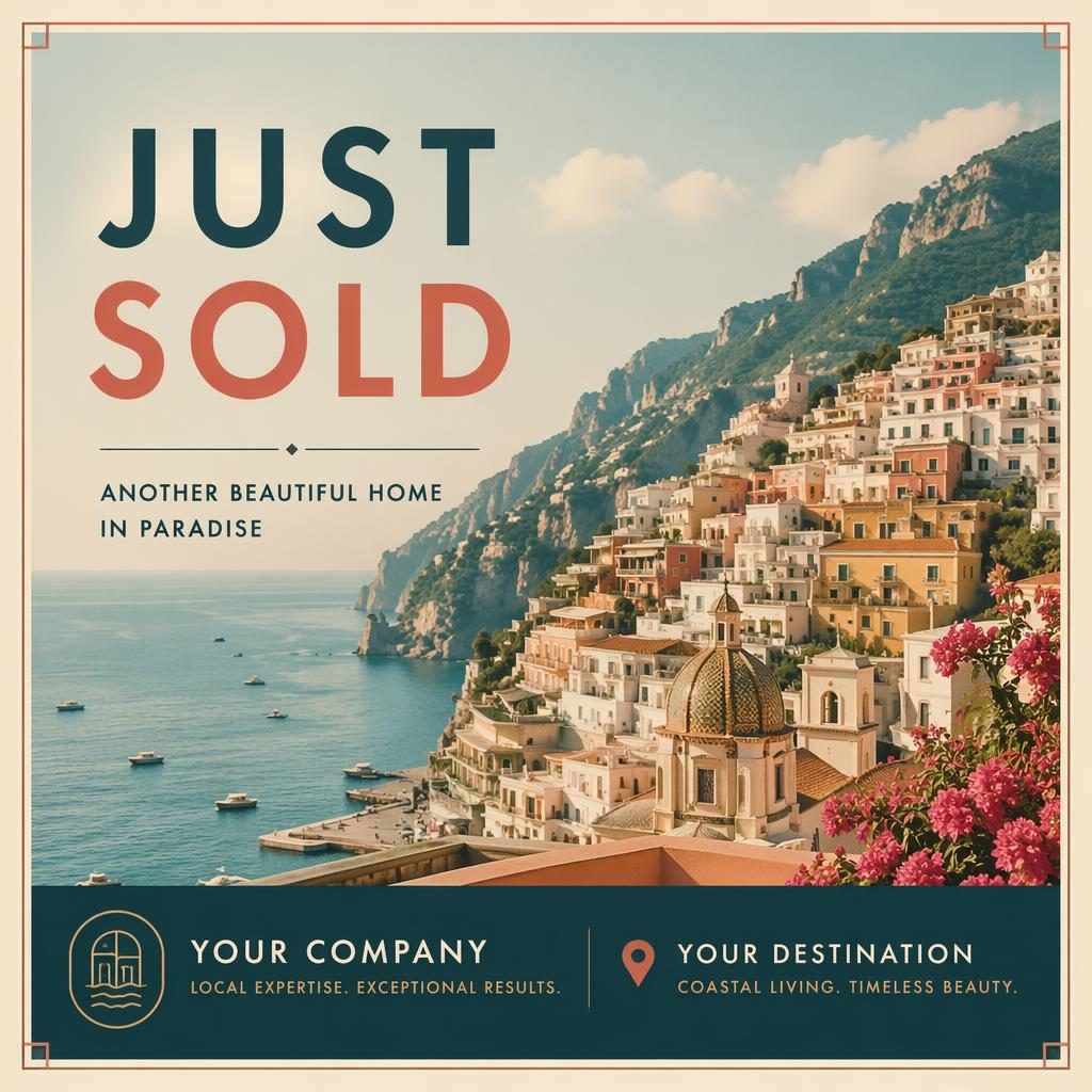 Illustrated 6x4 real estate just sold postcard with dreamy Wes Anderson palette, modern contrast, and clean placeholder text.