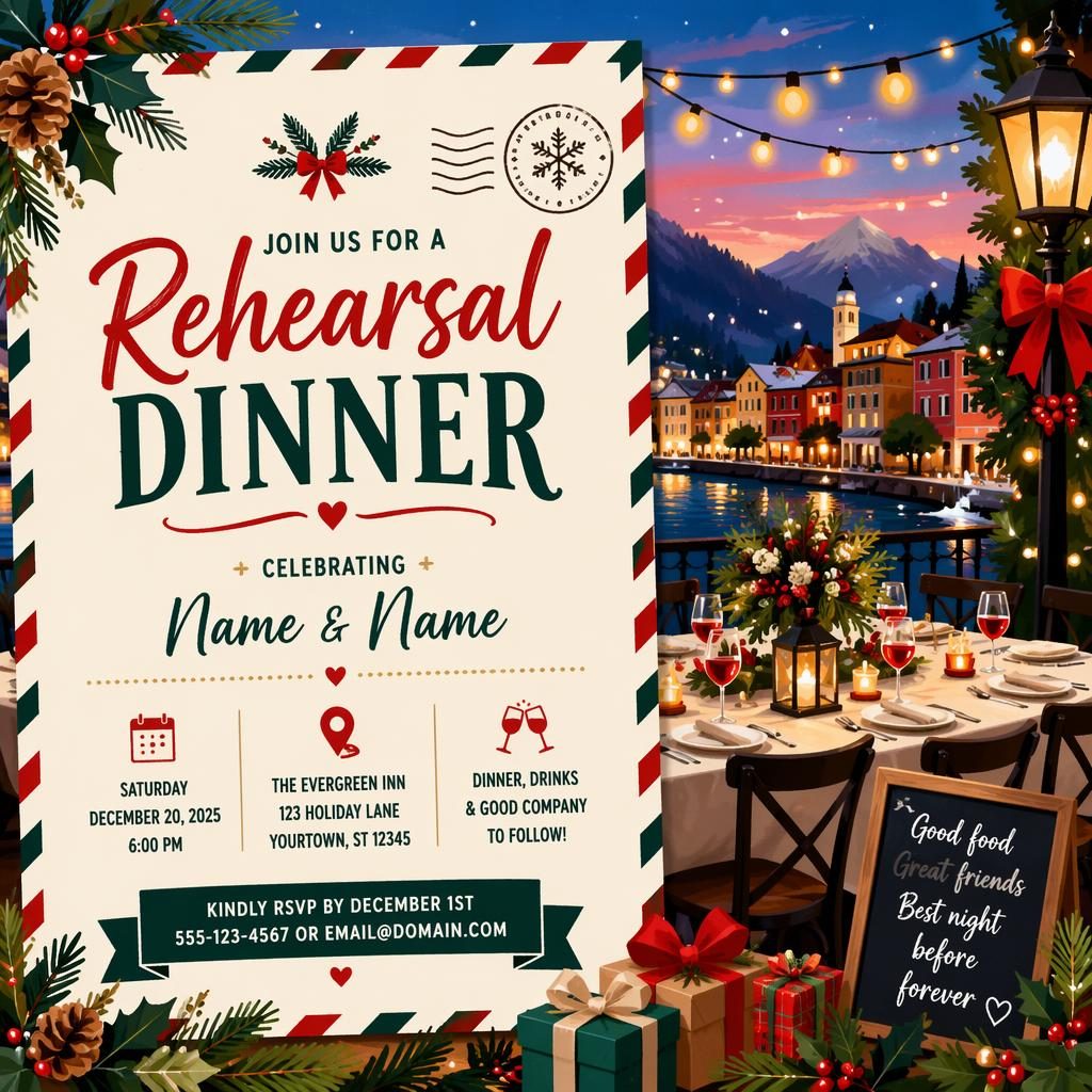 Colorful illustrated Christmas postcard design with festive holiday elements, playful typography, and a modern 6x4 layout