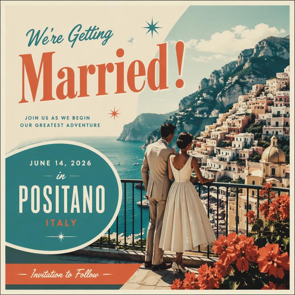 Retro 1960s-style wedding announcement postcard with dreamy romantic couple, bold modern colors, and clean placeholder typography.