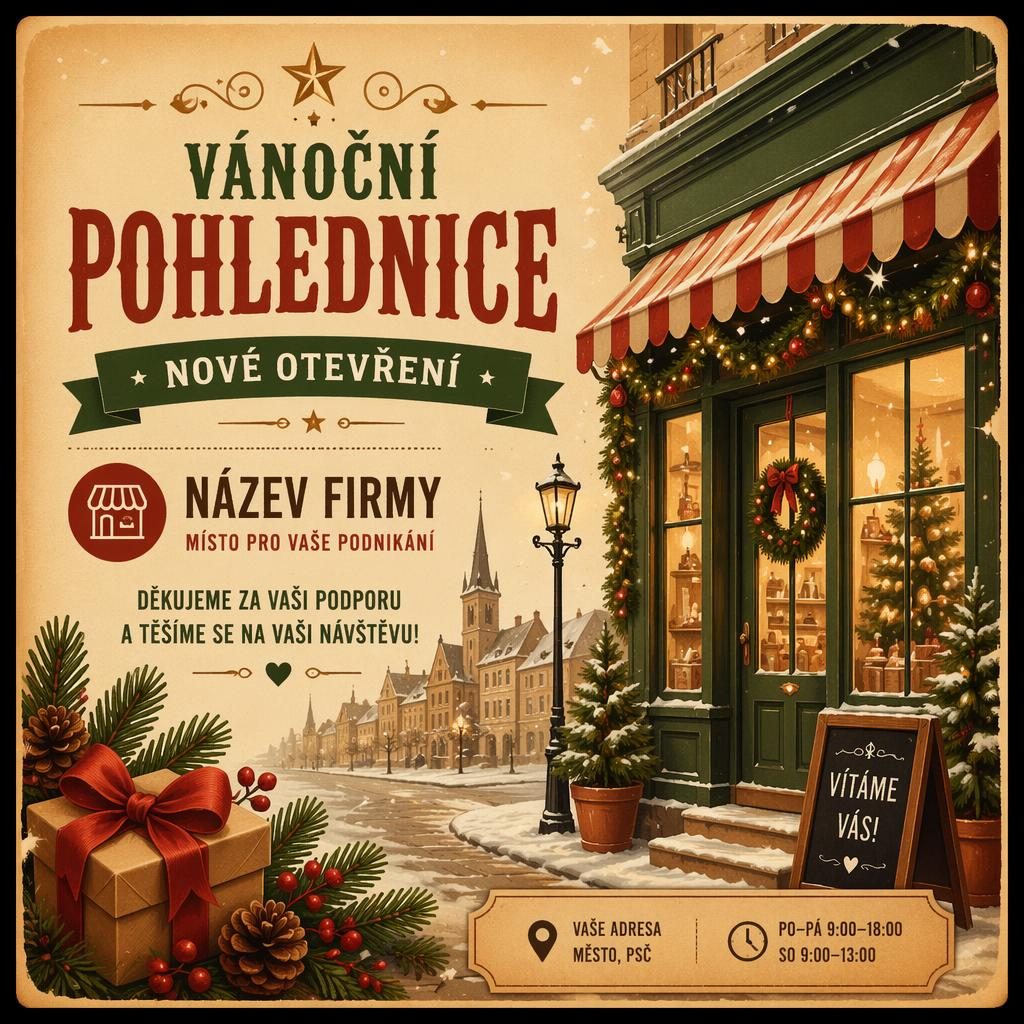 Ilustrovaná vanocni pohlednice v barevném vintage sepia stylu s výraznou typografií a kompozicí 6×4.