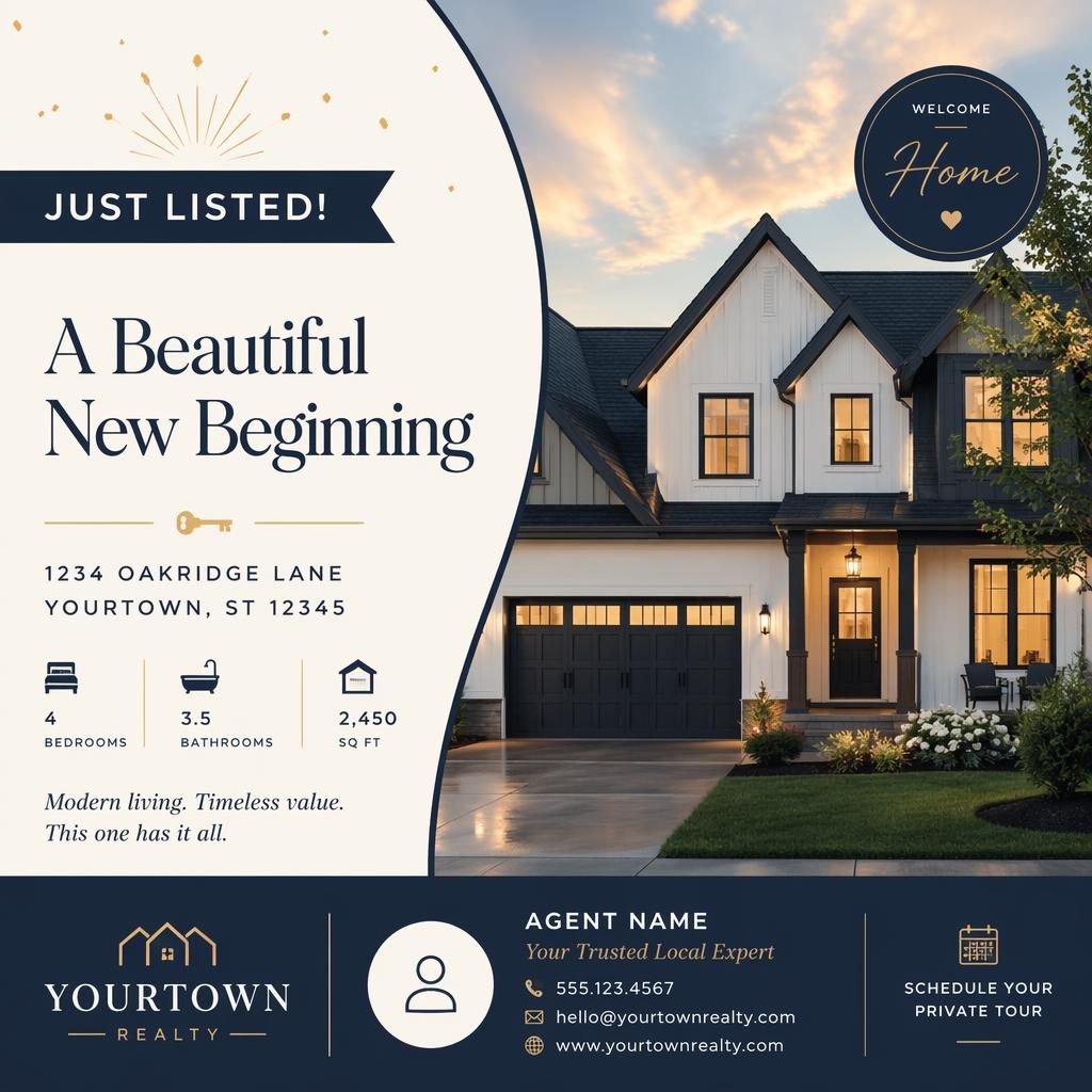 Modern 6x4 real estate just listed postcard design in cream and navy with festive editorial styling and sharp placeholder text.