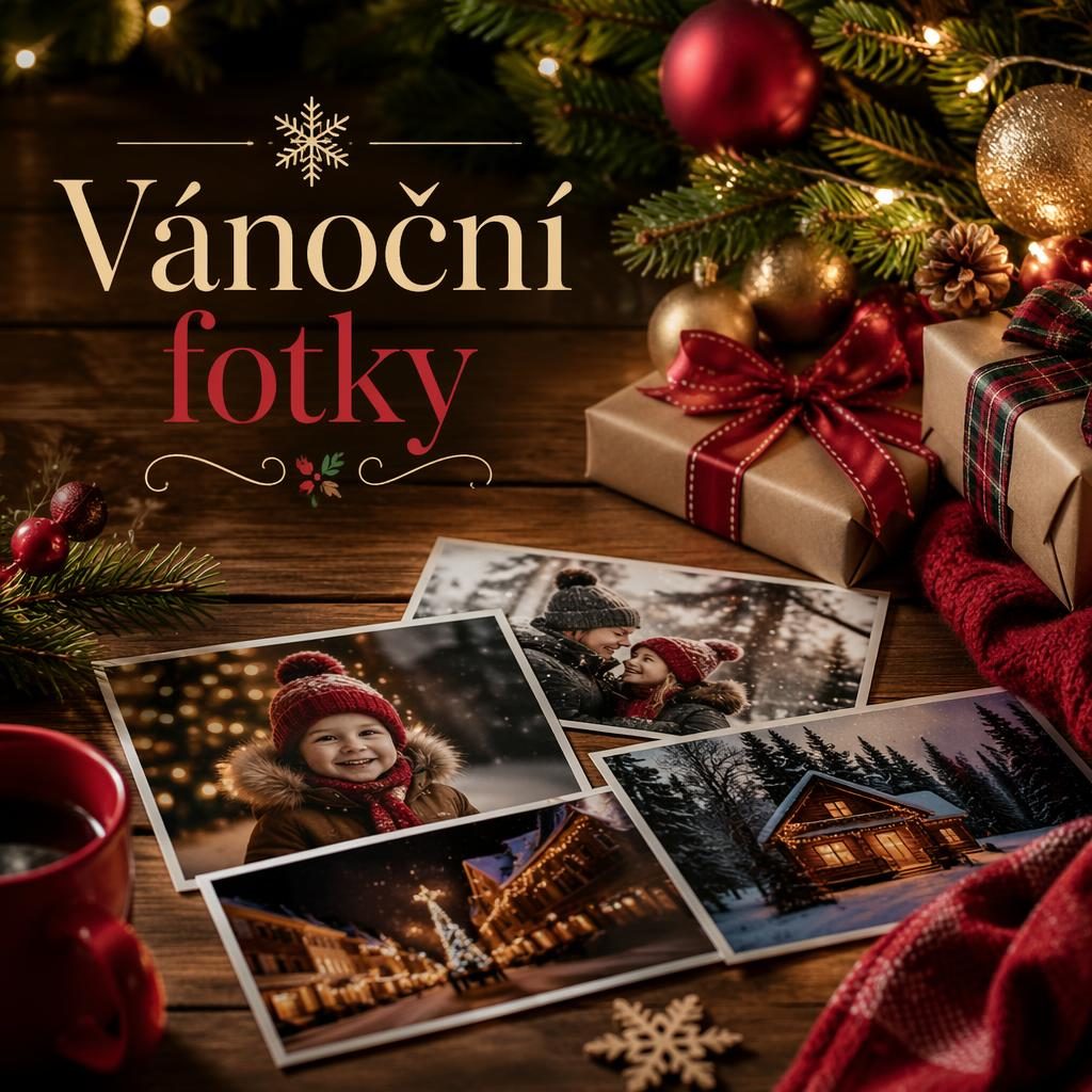Pohlednice s vánočními fotkami, světýlky, větvičkami, ozdobami a dárky na dřevěném povrchu.