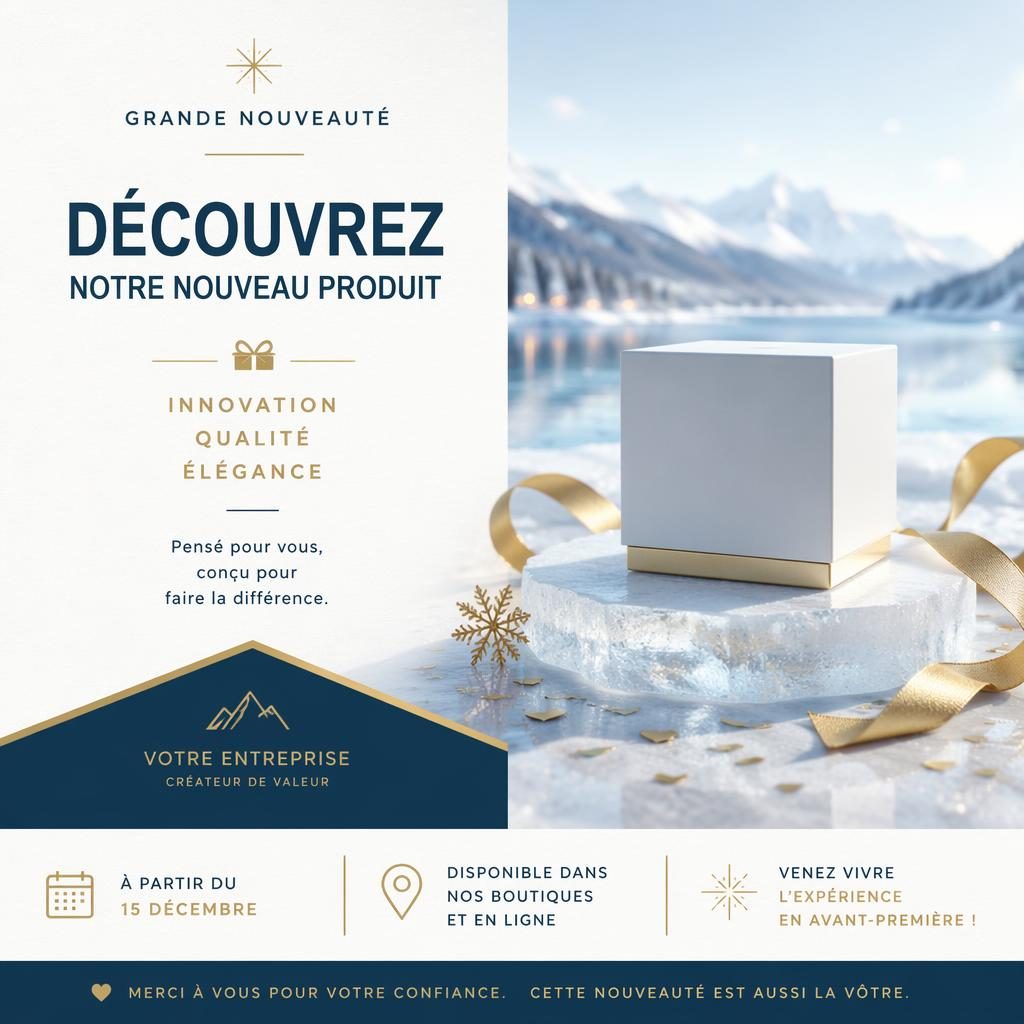 Carte postale 6x4 minimaliste suisse, ambiance festive, tons glace et or, typographie de substitution nette au centre.