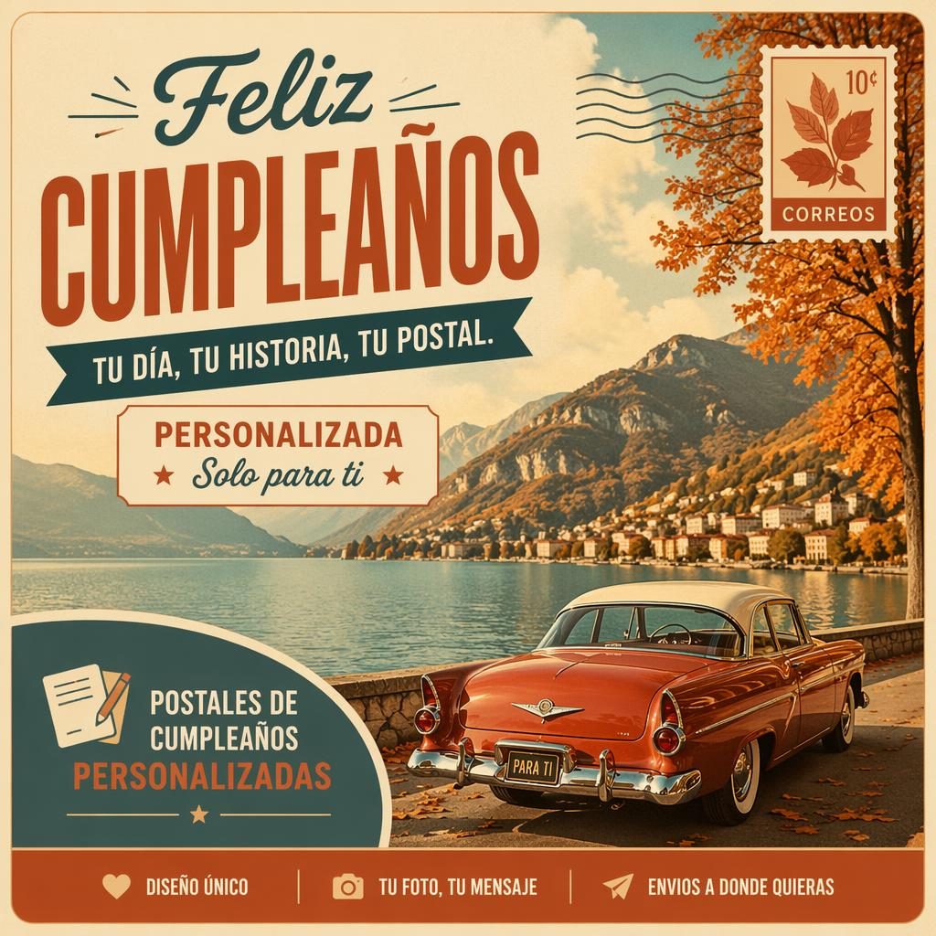 Postal ilustrada estilo viajes retro de los años 60 con paleta otoñal óxido, tipografía de marcador y composición 6x4.