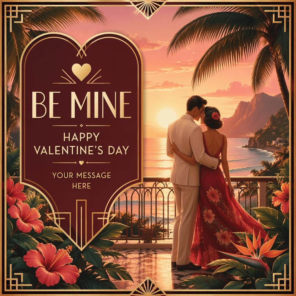 Art deco luxury valentine's postcard illustration with dreamy tropical flowers, elegant placeholder typography, and a vibrant seasonal palette.