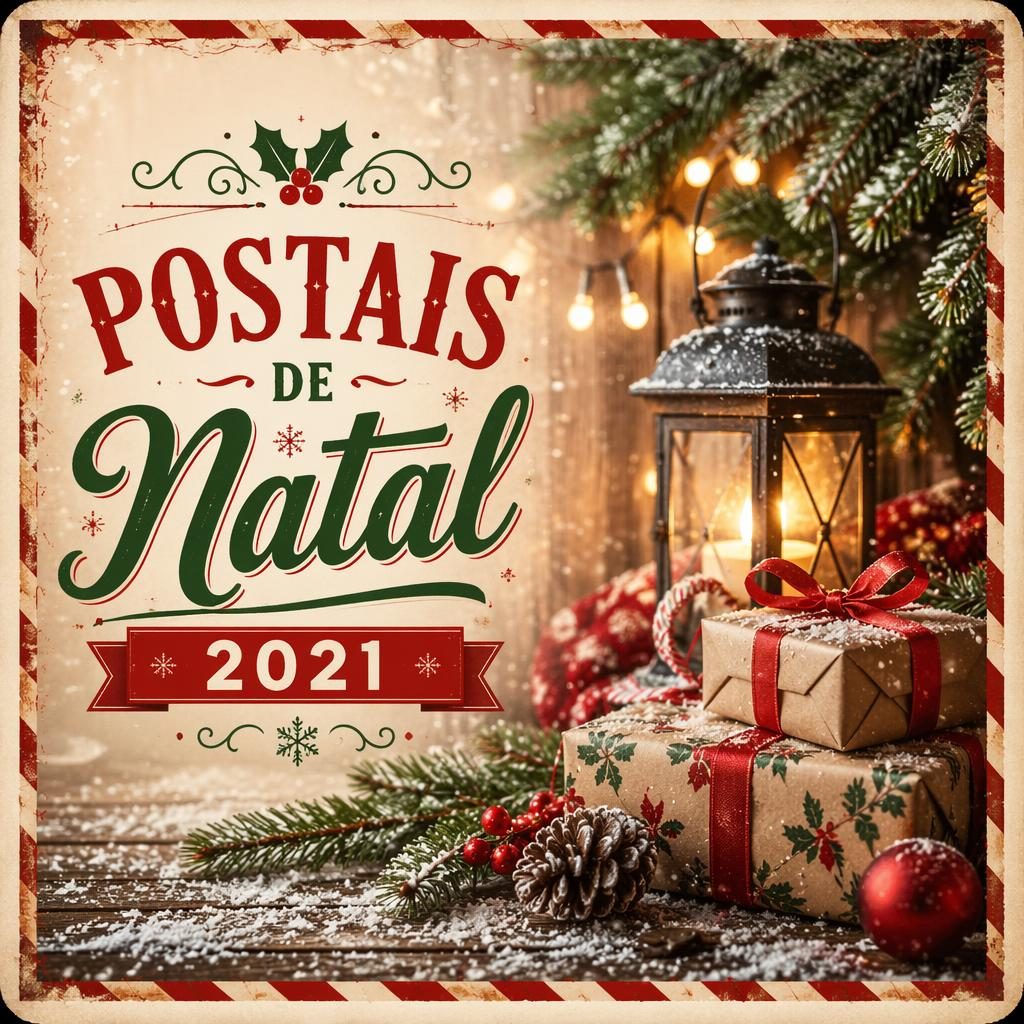 Postcard de Natal 2021 com presentes embrulhados, ramos de pinho, luzes quentes, neve sutil e texto retro.