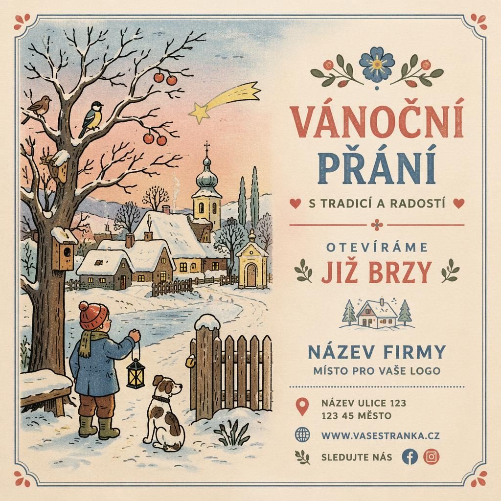 Ilustrovaná firemní vánoční pohlednice v risografickém stylu s pastelovou zimní scénou a čitelnou zástupnou typografií
