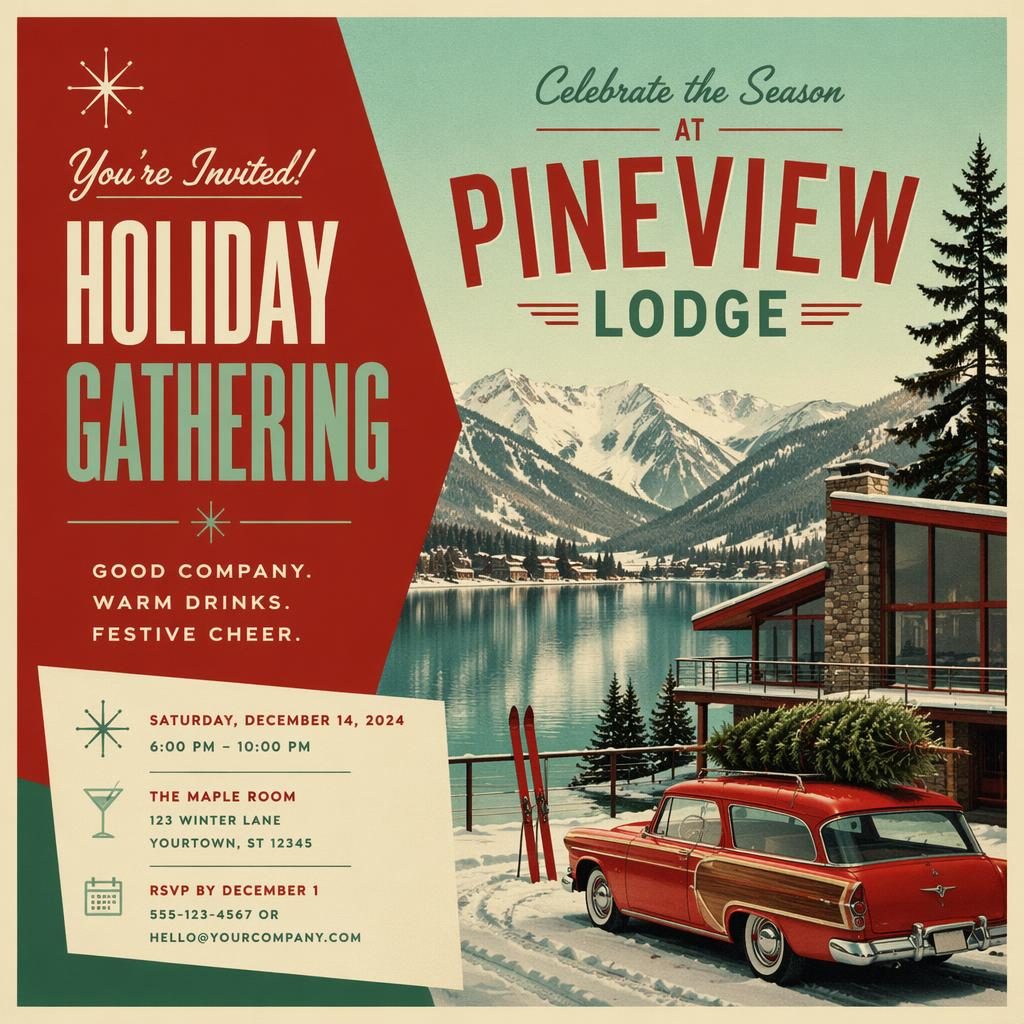 Retro 1960s travel-style graphic postcard invitation in red and green with quiet mood and sharp placeholder typography