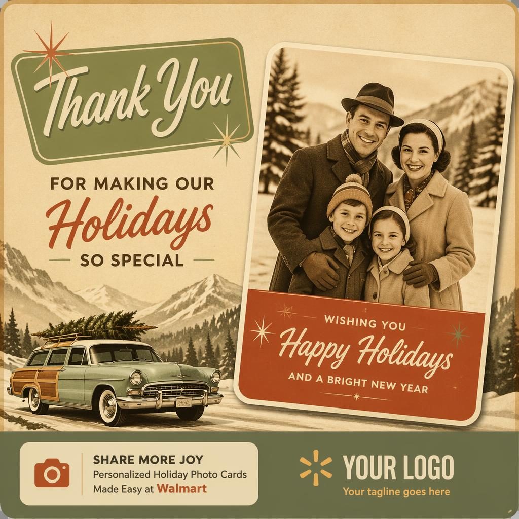 Retro 1960s-style thank you postcard in warm sepia tones with placeholder typography and a welcoming vintage travel look.