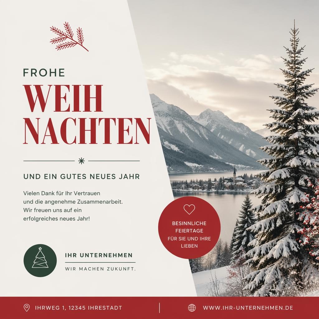 Minimalistische Weihnachts-Postkarte im Swiss-Stil in Rot und Grün mit klarer Typografie und ruhiger Bildkomposition