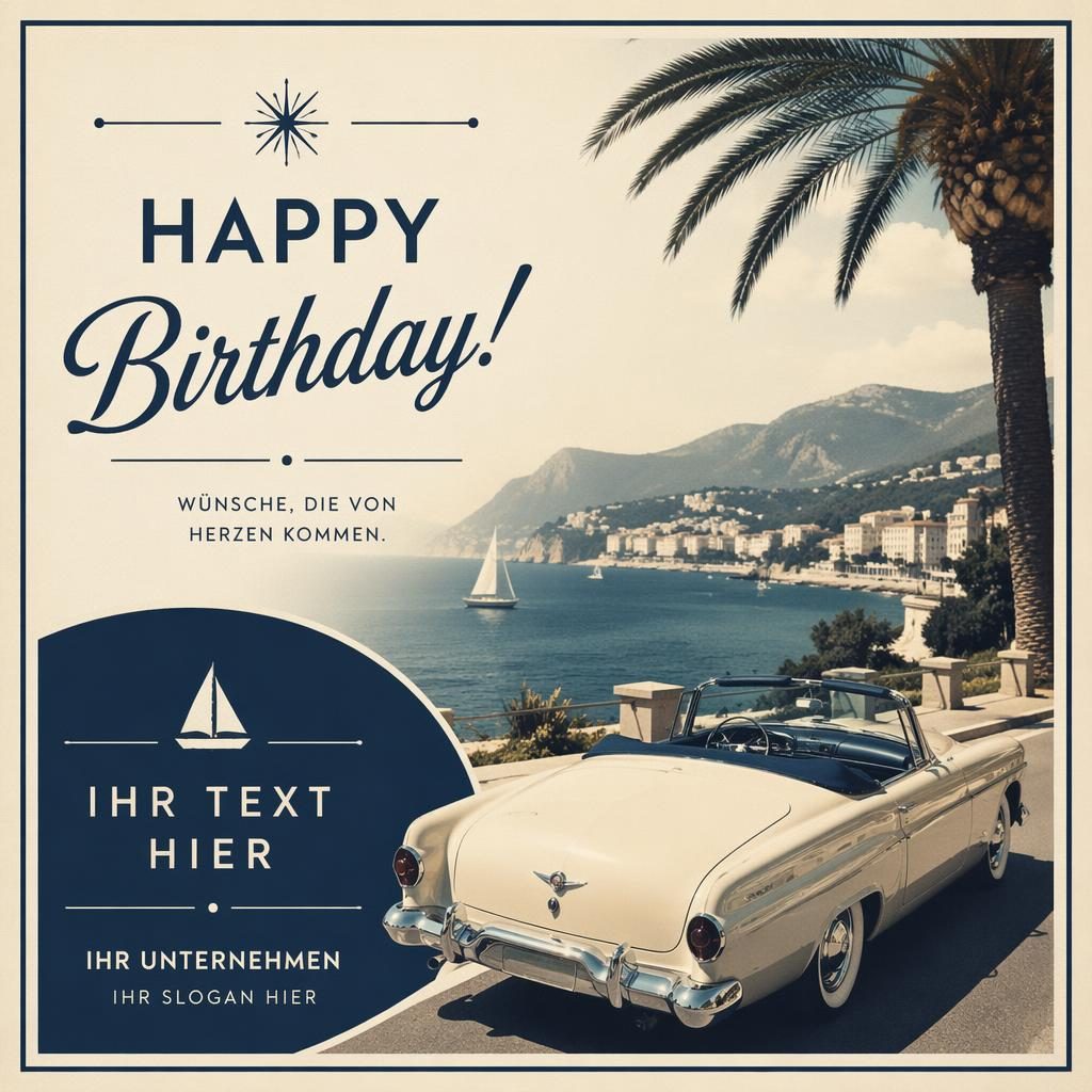 Geburtstags-Postkarte im Retro-1960er-Reisestil in Creme und Navy mit klarer Platzhalter-Typografie