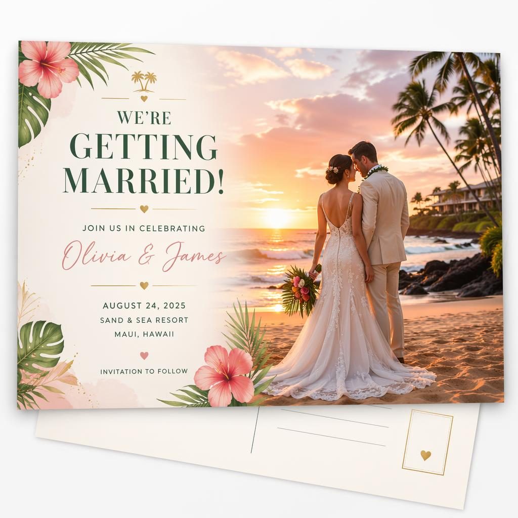 6x4 wedding announcement postcard design with dreamy tropical illustration, modern editorial layout, vibrant palette, and sharp placeholder typography