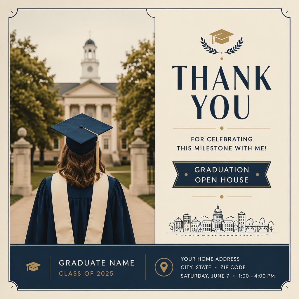 6x4 thank you postcard illustration in cream and navy with warm Wes Anderson-inspired styling and clean placeholder typography
