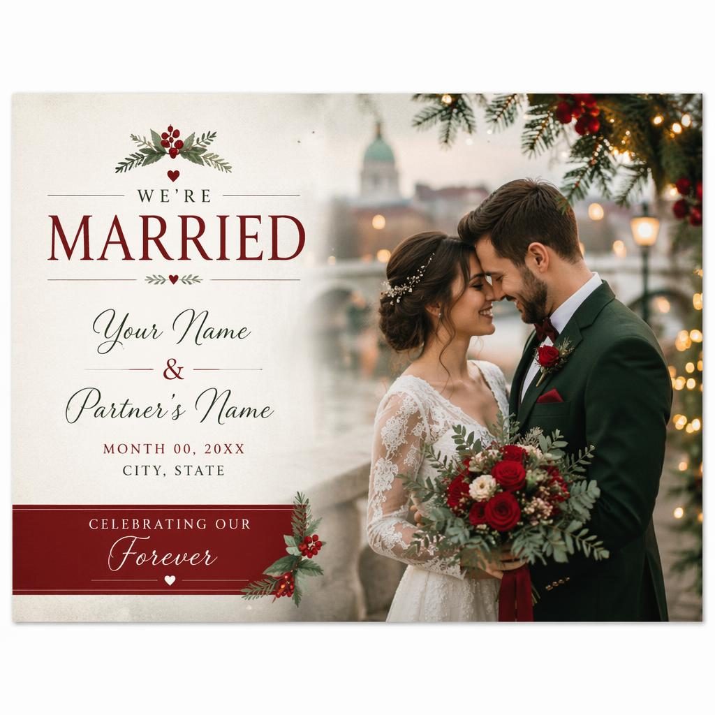 6x4 wedding announcement postcard with dreamy romantic photo overlay, red and green palette, and sharp placeholder typography