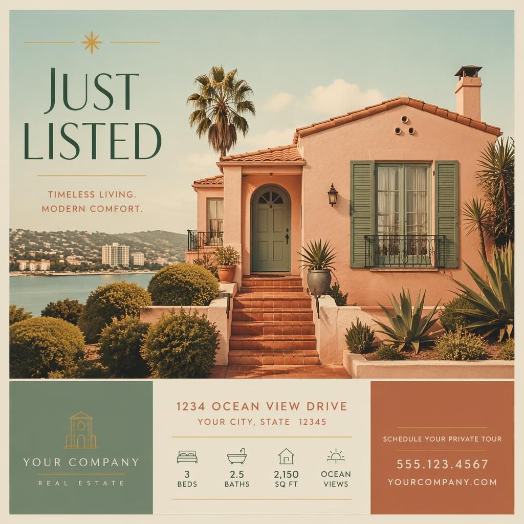 6x4 real estate just listed postcard illustration with sun-faded warm tones, elegant layout, and sharp placeholder typography