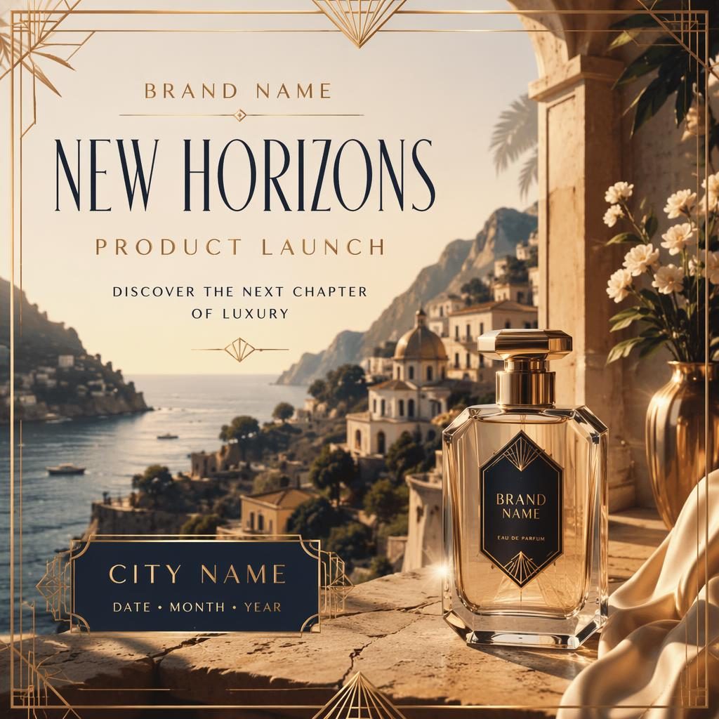 Art deco luxury 6x4 postcard illustration for a product launch with warm sun-faded tones and sharp placeholder typography