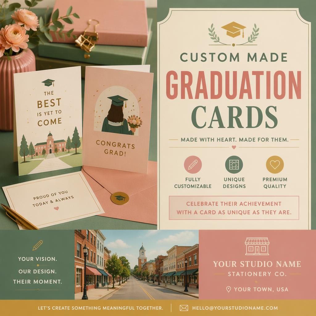 6x4 business announcement postcard illustration in warm pastel Wes Anderson style with clean placeholder typography and graduation card theme