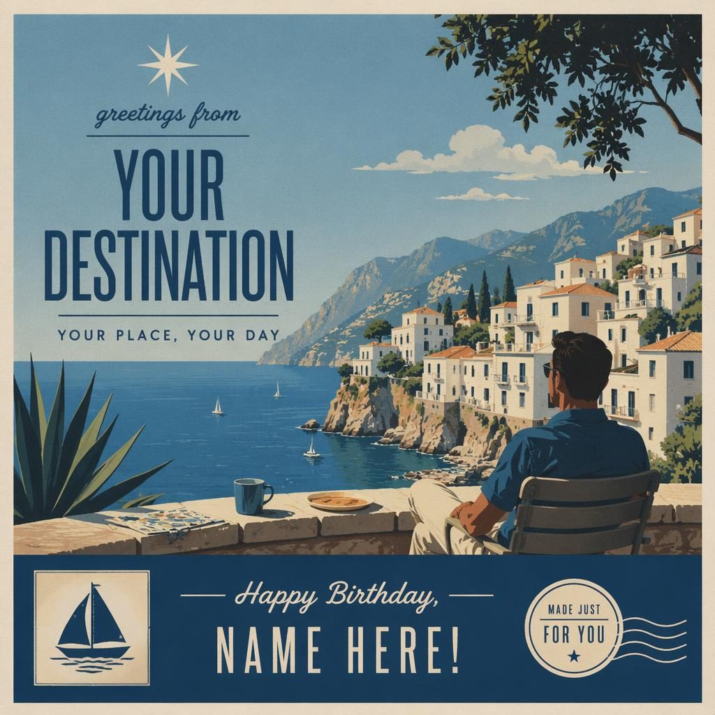 Retro 1960s Mediterranean blue Christmas postcard design with sharp placeholder typography and a quiet travel mood