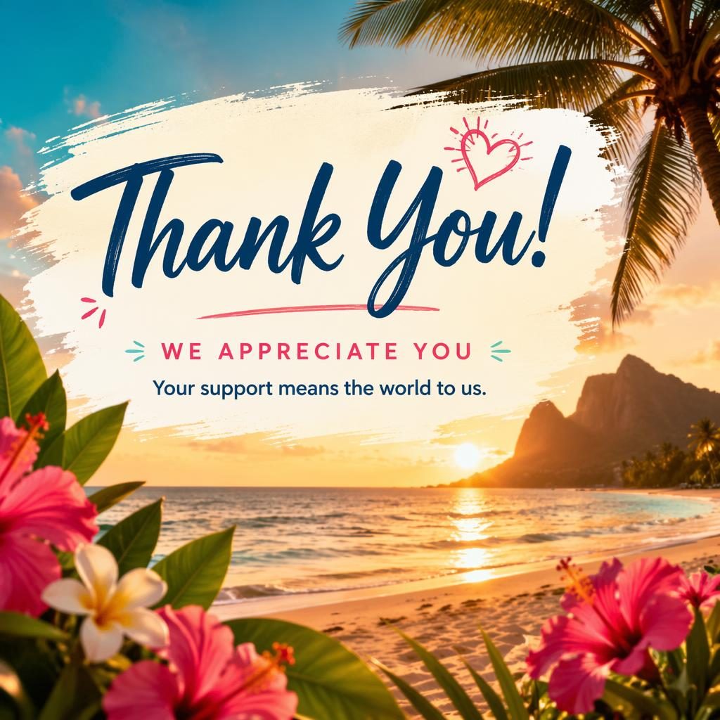 6x4 thank you postcard event invitation with tropical photographic background, playful overlay, vibrant colors, and clean placeholder typography