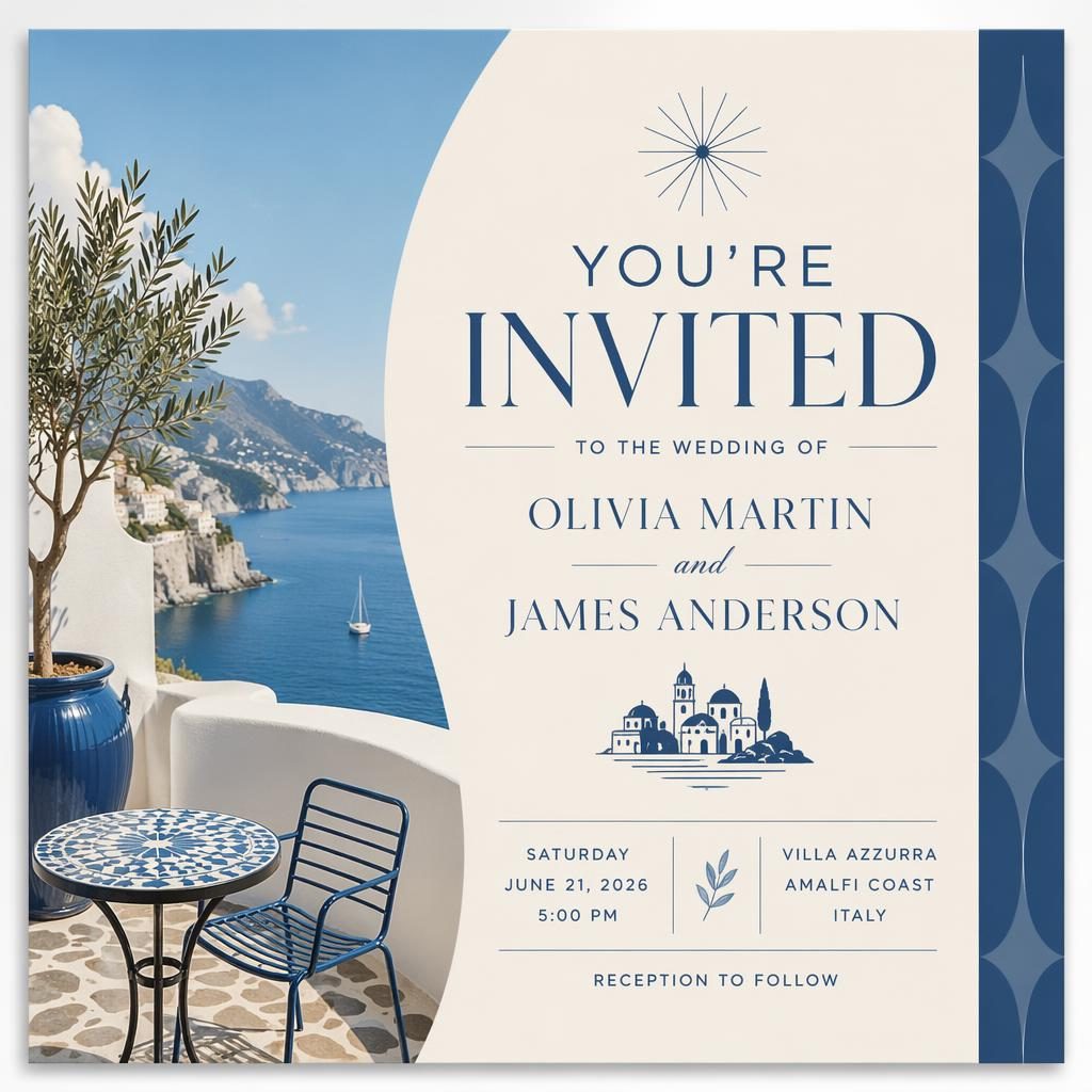 Mid-century modern wedding announcement postcard in a Mediterranean blue palette with clean placeholder typography and polished layout.