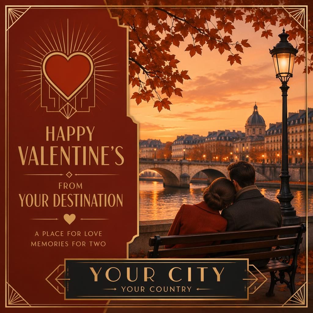 Art deco luxury travel souvenir postcard with autumn rust tones, contemplative scene, and sharp placeholder typography